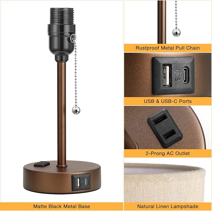 Dicoool Small Bedside Table lamp for Bedroom - 3 Color Temperatures Brown Bedside Lamps with USB C and A Ports, Pull Chain Table Lamps with AC Outlet, Black Nightstand Lamps for Kids Reading Study - Bloomnest