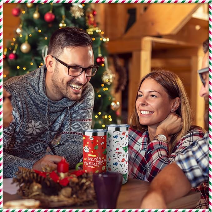 20oz Christmas Skinny Tumbler with Lid and Straw,Stainless Steel Vacuum Insulated Tumbler Cup Double Wall Travel Coffee Mug Christmas Gifts for Women Men(Xmas Elements,2)