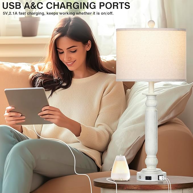 28.5" Tall Farmhouse Table Lamps Set of 2 for Living Room, 3-Way Dimmable Touch Lamps with USB C+A Ports & AC Outlet, Bedside Nightstand Lamps with Linen Shade for Bedroom - Bloomnest