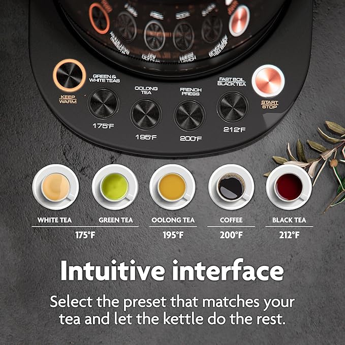 Vianté Electric Kettle With Infuser For Loose Leaf. Hot Tea Maker With Temperature Control And Automatic Shut Off. Tea Kettle With Brewing Programs. 1.5 Liters Capacity | Black Color - Bloomnest