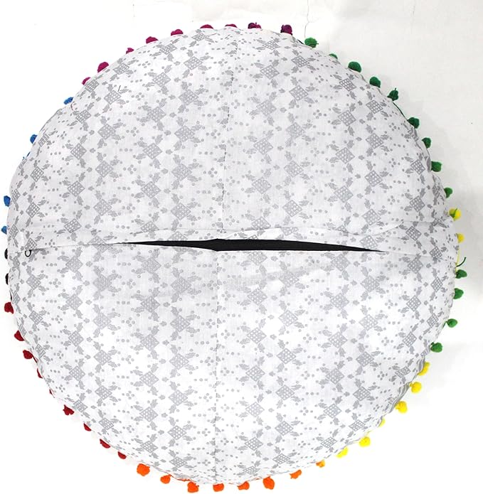 CRAFT KALA 32" Round Large Round Bohemian Floor Pillow Pouf Cover Mandala Meditation Room Pillow Cover for Adults Boho Seating Poufs Cushion Cover for Kids Playroom Silver Matellic Ombre - Bloomnest