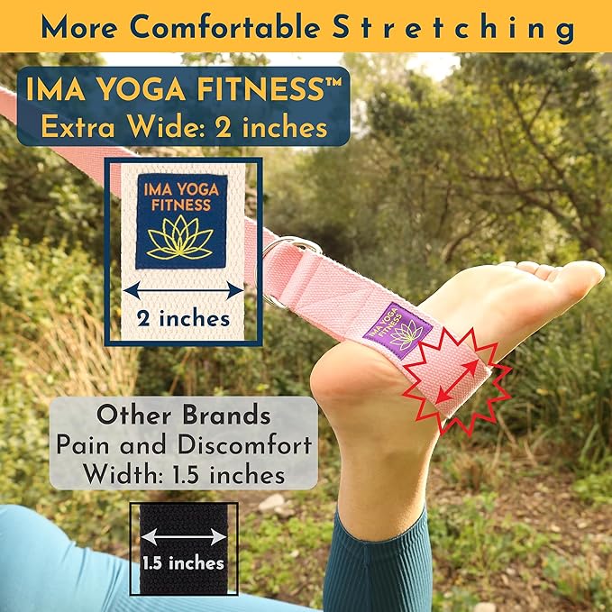 Adaptive Yoga Strap, Stretching Strap, 2 Inches Wide, 100% Naturally Soft Cotton, Steel D-Rings, Includes Natural Cotton Drawstring Storage Pouch and Instructional E-Book - Bloomnest