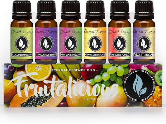Eternal Essence Oils Fruitalicious Set of 6 Premium Fragrance Oils - Violet Sugar, Kiwi Watermelon, Orange Chiffon Cake, Cucumber Melon, Portuguese Pomelo, and Dragon Fruit Berry Scented Oils - 10ML - Bloomnest