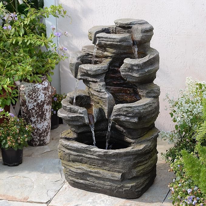 24.2" H Rock Cascading Water Fountain Outdoor&Indoor, 6-Tier Garden Naturefalls Fountains, Floor-Standing Waterfall with Lights for Patio, Backyard, Deck, Porch, Home DéCor, Stone Gray - Bloomnest