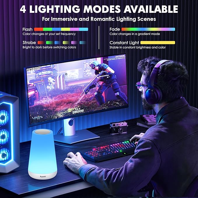Auxmir Night Light, Dimmable Touch Lamp for Bedroom, Portable Rechargeable Bedside Table Lamp for Baby Nursery, 13 RGB Colors & 5 Brightness, Night Lights for Bedroom Living Room Bathroom Hallways - Bloomnest