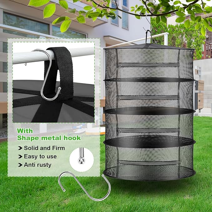 Herb Drying Rack Net Mesh with Black Zippers Hydroponics, Bonus Hook Scissor Drying Rack 2ft for Plant Bud Seed, Mesh Hanging Plant Dry, Herb Dry Net for Garden (4 L, Black Zipper) - Bloomnest