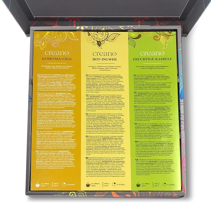Creano Organic Herbal Tea Gift Set Grey - 45 Organic Tea Bags in 9 Different Varieties - 90 g - Bloomnest
