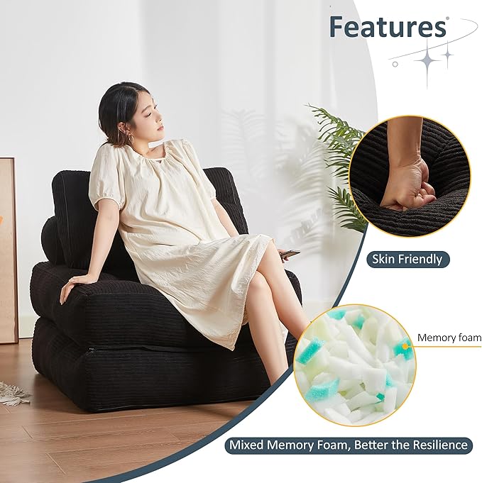 35.4x33.5 Inch Floor Pillow, Large Round Floor Cushion with Removable Washable Cover - Ultra Soft Plush Filling for Adults, Kids, Lounge, Bedroom, Reading Nook, Meditation, Corduroy, Black