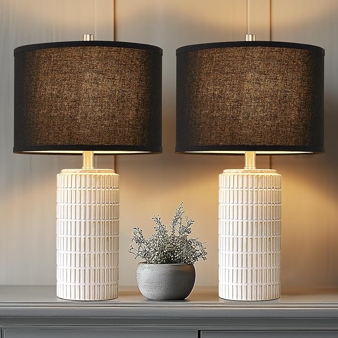 23'' Set of 2 Modern Ceramic Table Lamps, Minimalist Bedside Lamp, Rustic Nightstand End Table Lamp for Bedroom, Living Room, Study Room, Office, 2 LED Bulbs Included (Black) - Bloomnest