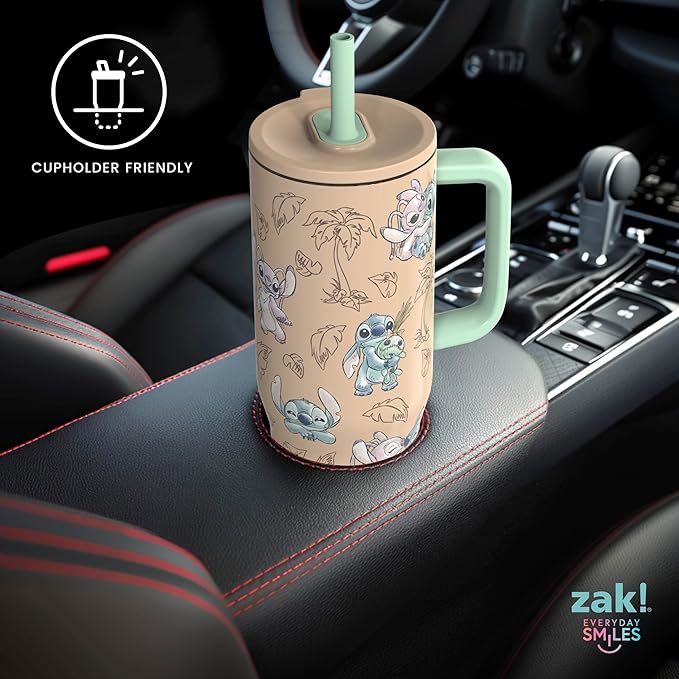 Zak Designs Disney Sutton Travel Tumbler for On the Go, 30oz Stainless Steel with Vacuum Insulation, Silicone Straw, and Carry Handle for Cold Drinks (Stitch, Angel) - Bloomnest