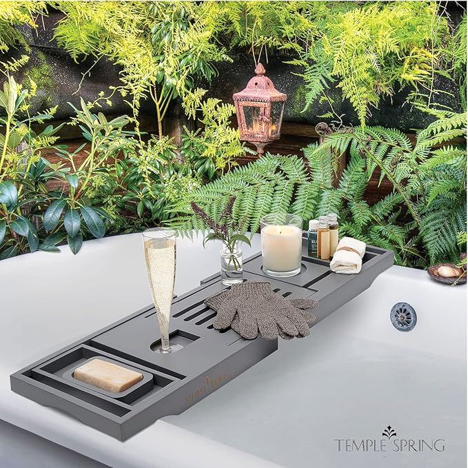 Temple Spring Wooden Bathtub Tray, Bamboo Bathroom Accessories, Bath Tray for Tub, at Home Spa Essentials, Board for Tub Table, Bath Caddy for Bathtub Accessories & Bathroom Essentials – Slate Grey - Bloomnest