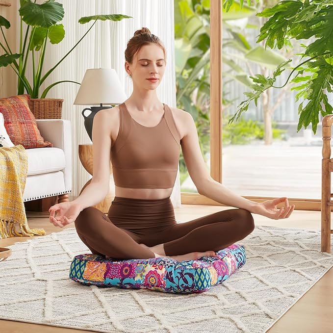 Boho Floor Pillow, Large Meditation Cushion for Adults, Square Pillows Seating for Yoga Living Room Tatami Sitting Home Decor, Memory Foam Added, 22x22 Inch, Multi Patchwork - Bloomnest
