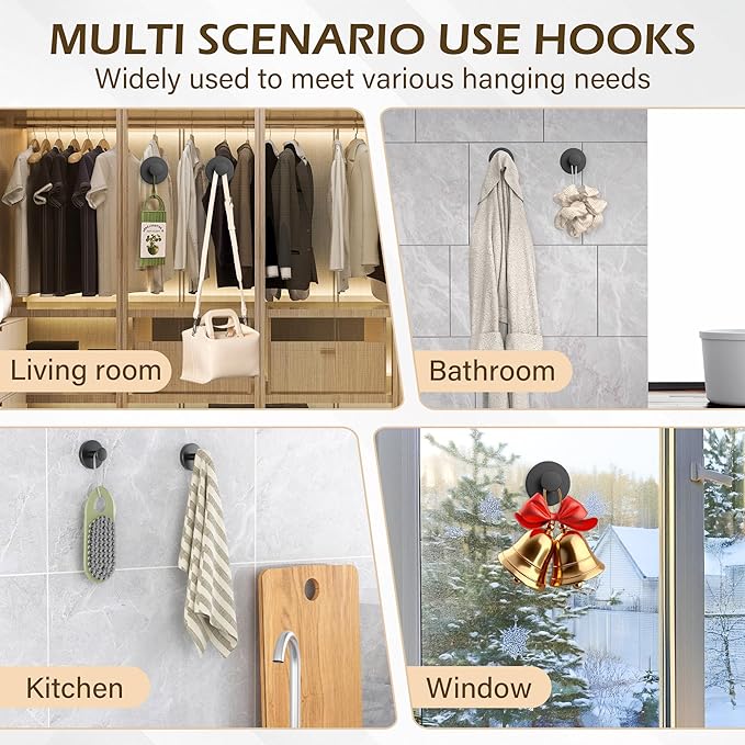 Shower Suction Cup Hooks, Heavy Duty Bathroom Wall Hooks for Towels, Robes, Loofahs, Removable Metal Hook for Tile Glass Mirror, No Drill(4 Pack, Black) - Bloomnest
