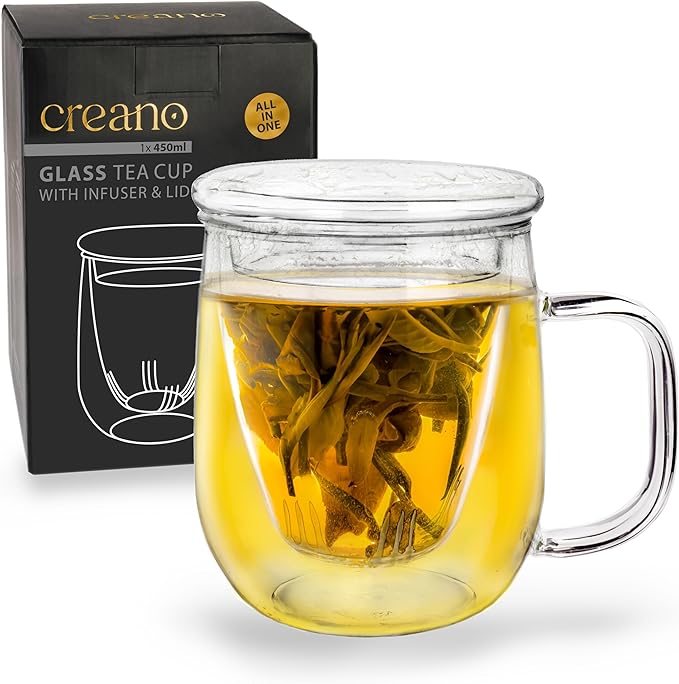 Creano Tea Glass 450 ml – Large Tea Cup with Strainer and Glass Lid – An ideal Tea Maker - Bloomnest