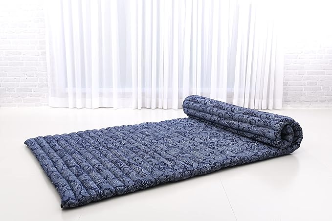 Leewadee - Kapok Roll Mat – Handcrafted Folding Sleep & Relaxation Mattress from Thailand, Ideal as Guest Bed, Camping Mat, Yoga Mat or Traditional Futon, 75 x 39 inches, Blue White - Bloomnest