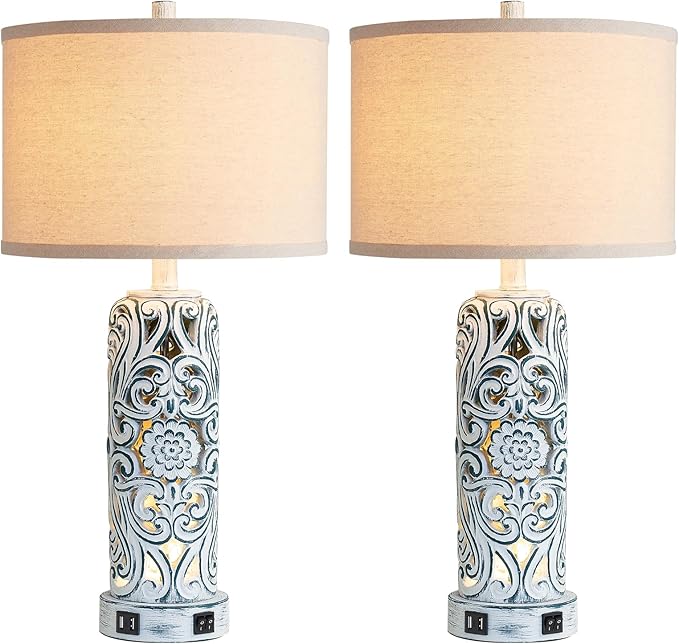 25'' Vintage Coastal Table Lamp Bedside Lamps Set of 2, Farmhouse Table Lamps with Dual USB Ports for Bedroom, Wash Blue Hollow Out Resin Lamp with Nightlight for End Table, 2 Bulbs Included - Bloomnest