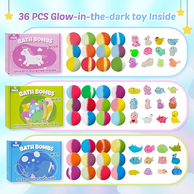 Bath Bombs for Kids with Toy Inside, 36 Pcs Bath Bombs with Glow in The Dark Dinosuar, Animal and Ocean Surprise Inside, Handmade Organic Bubble Bath Ball Gift Set for Birthday, Easter, Christmas - Bloomnest