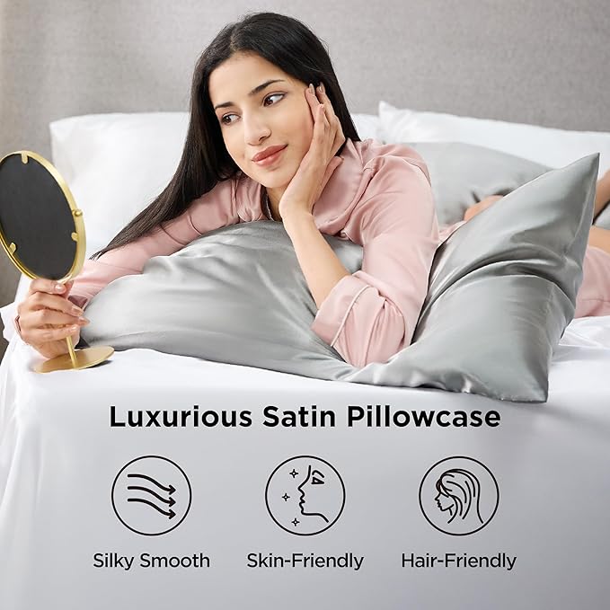 Bedsure Satin Pillowcase Standard Set of 4 - Silver Grey Silky Pillow Cases for Hair and Skin 20x26 Inches, Pillow Covers with Envelope Closure, Gifts for Women Men - Bloomnest