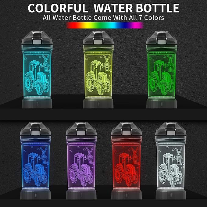 Kids Tractor Water Bottle with 3D LED Light, Glow in The Dark Gifts Ideal Travel Cup for School Boy Girl Child, Birthday Holiday Camping Picnic with Tritan BPA Free (Tractor 14 Oz) - Bloomnest