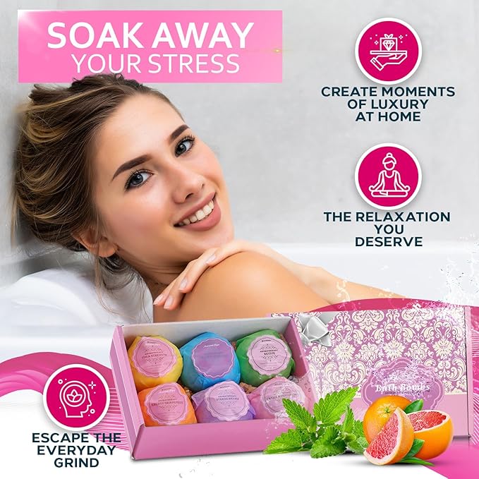 Bath Bombs Gift Set - 6 Bubble Bath Fizzies (6 x 2oz) with Natural Dead Sea Salt Cocoa and Shea Essential Oils - Best Gift Idea for Birthday, Mom, Woman, Girl, Him, Kids - Bloomnest