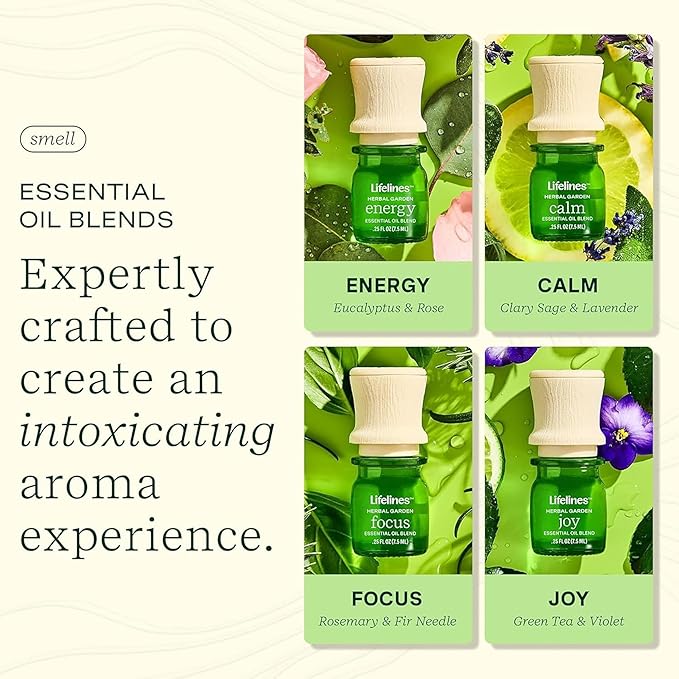 Lifelines Essential Oil Blends, 4-Pack - Blended Essential Oils with Precision Pump for Aromatherapy Diffusers - Long-Lasting Scented Fragrance - Herbal Garden (Joy, Calm, Focus & Energy) - Bloomnest