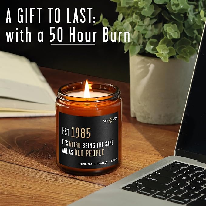 40th Birthday Gifts for Men/Women - 'Weird Being The Same Age as Old People' Soy Candle, w/Teakwood & Tobacco I 40th Birthday Gifts for Men/Women 1985 I 40 Year Old Gift for Men I Made in USA - Bloomnest
