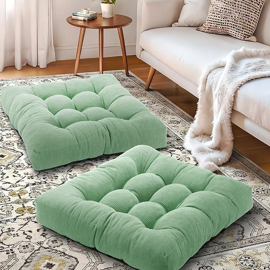 Floor Pillow Cushions for Adults Sitting Large Big Pillows for Floor Seating Square Memory Foam Thick Tufted, 22 x 22 Inch, Set of 2, Green - Bloomnest
