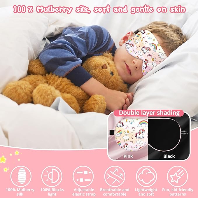 Kids Sleep Mask Eye Cover: 100% Real Natural Pure Silk Eye Mask with Adjustable Strap, Funny Blindfold Kids Eye Mask for Sleeping, Soft & Lightweight Eye Shade for Boys Girls Teens (Horse Style) - Bloomnest