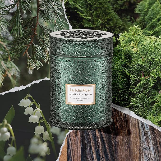LA JOLIE MUSE Kōya Hinoki & Cypress Scented Candle – Pine, Leather & Hinoki | 19 oz Festive Christmas Candle | Wooden Wick | Clean Burn & Vibrant Scent | Fun Gift for Hosts & Fall Tablescapes - Bloomnest