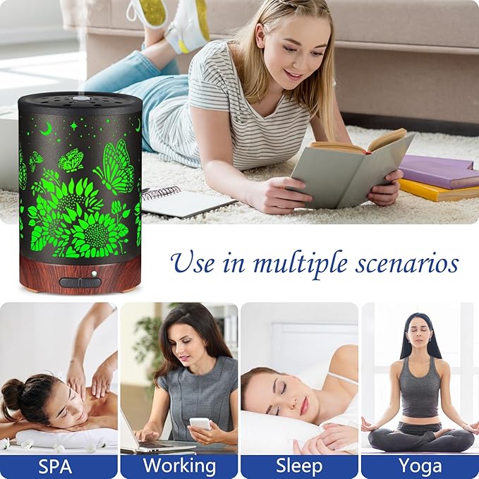 Essential Oil Diffuser- Aromatherapy Diffuser with7 Colors Light and Auto-Off for Women Metal Cool Mist Humidifier for Home and Office for Mom Women（Sunflower + Butterfly） - Bloomnest