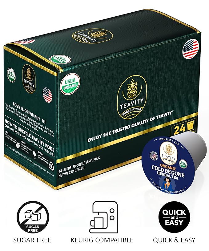 Organic Rooibos Tea Pods for Keurig with Lemon, Mint, Licorice - Unsweetened Decaf Tea for K Cup Brewing - Cold- Be-Gone by Teavity (24 Tea Pods) - Bloomnest