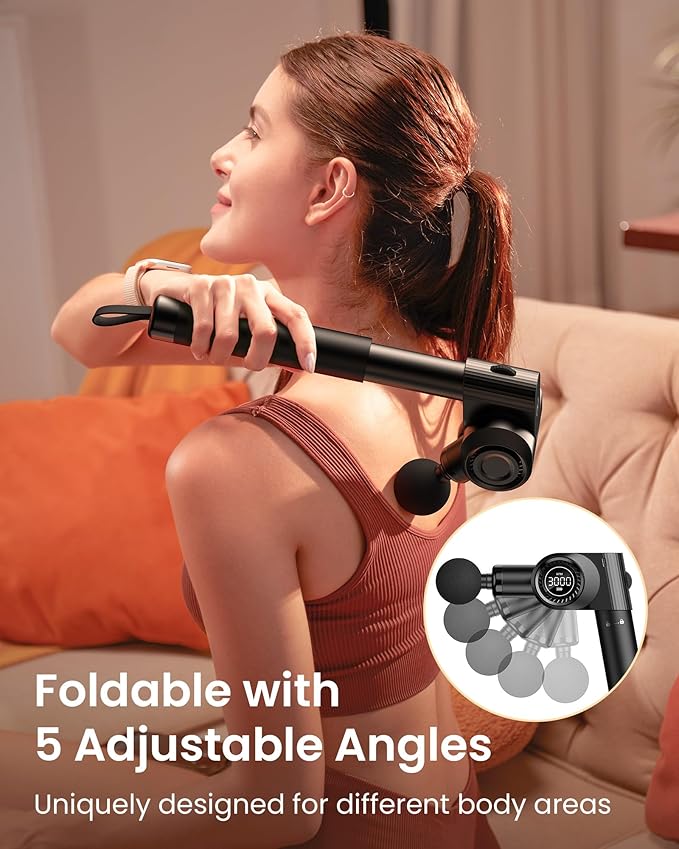 Foldable Massage Gun Deep Tissue with 5 Adjustable Angles,Portable Percussion Back Massager for Muscle/Neck/Body Pain Relief with Long Extension Metal Handle,32-Speeds,with Carry Case - Bloomnest