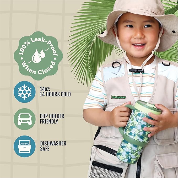 Ello Oasis 14oz Stainless Steel Toddler Tumbler with Handle & Retracting Straw, 100% Leakproof, Double-Wall Vacuum Insulated, Kids Water Bottle for School, BPA Free, Dishwasher Safe, Dinos - Bloomnest