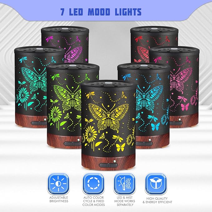 Metal Essential Oils Diffuser 150ML Christmas Aromatherapy Diffuser Cool Mist Humidifier with 7 Colors Lights Waterless Auto Off Air Diffusers as Gifts for Mom(Butterfly) - Bloomnest