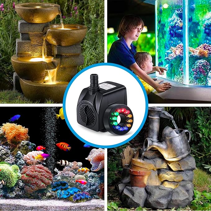 Fountain Pump with LED Lights, 220GPH(15W 900L/H) Submersible Water Pump, Durable Outdoor Fountain Water Pump with 6.5ft Tubing (ID x 1/3-Inch), 3 Nozzles for Aquarium, Pond, Fish Tank - Bloomnest