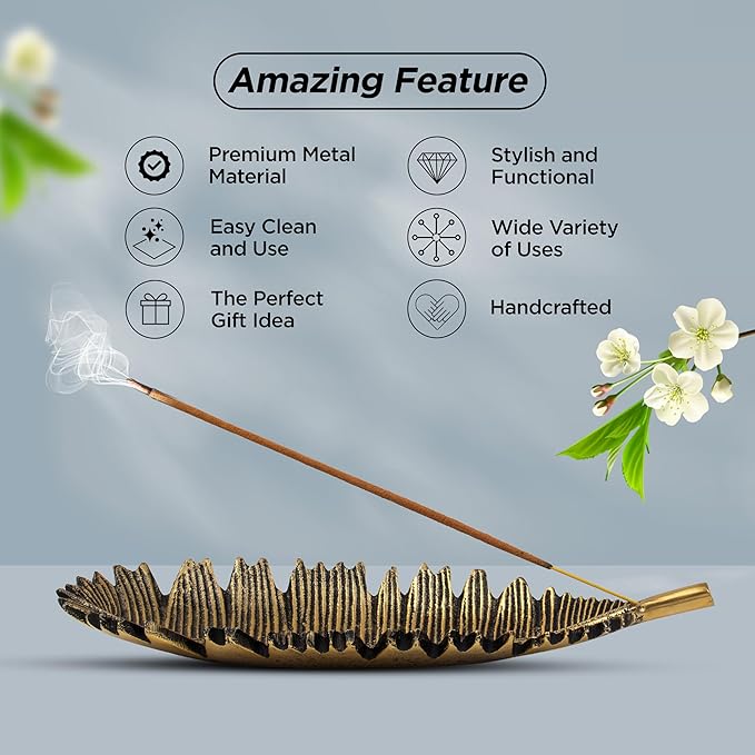 Raajsee Incense Holder Set with Nag Champa Incense Sticks 15gm, Leaf Insense-Stick Holder, Brass Incense Burner,Modern Stick Incente Holder for Yoga, Meditation,Home Décor Size 10x4 inches GOLD - Bloomnest