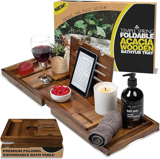 Temple Spring Foldable Bathtub Tray, Unique Design Selfcare Bathroom Caddy, Acacia Spa Bathroom Tray, Wooden Bathtub Accessories, Wedding Gift/Birthday Gift/New Home Bath Table – Not Teak - Bloomnest