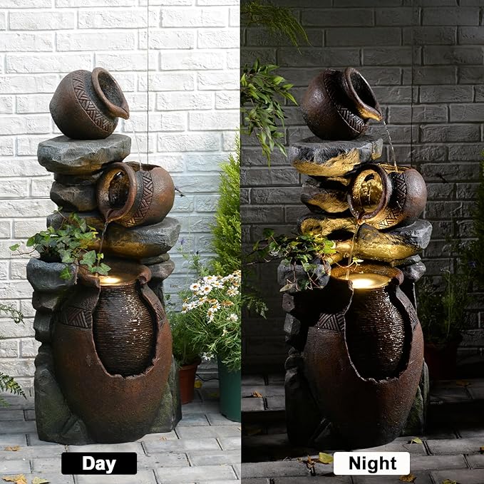 Garden Water Fountain Outdoor Decor - 38.4" 3 Tier Standing Cascading Waterfall Outdoor Water Fountain with LED Lights & Pumps,Natural Design for Garden,Patio, Porch, Backyard, Home Art Decor - Bloomnest