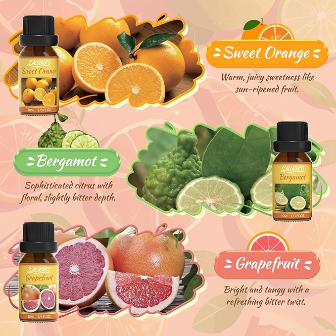 Salubrito Citrus Essential Oils Set for Diffuser, Fragrance Oil | Sweet Orange, Bergamot, Lemon, Grapefruit, Mandarin Orange, Lime Scented Oil for Soap Making, Candle Making - Bloomnest