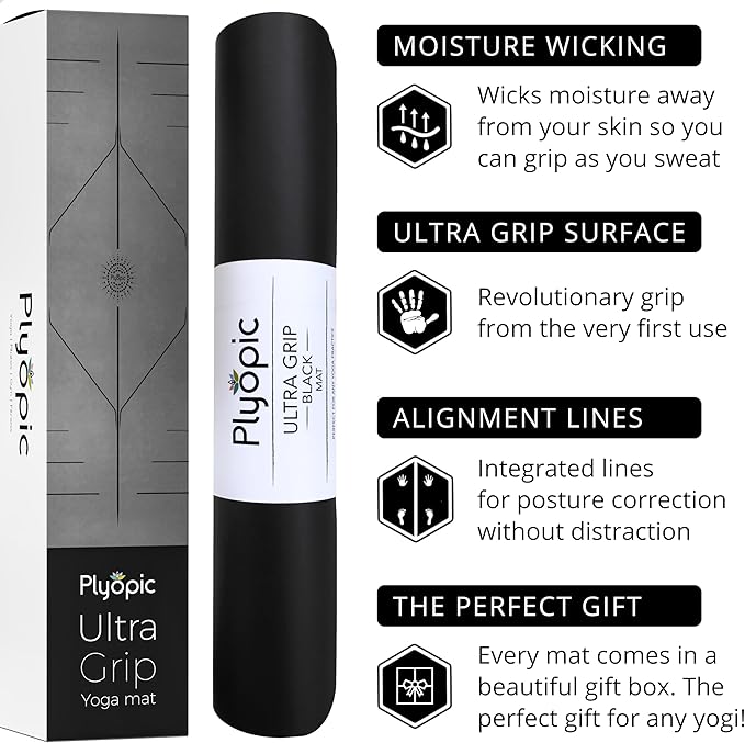 Plyopic. Ultra-Grip Pro Yoga Mat – EXTREME Non-Slip Performance - Dry Grip & Wet Grip - Alignment Lines - Comfortable & Sweat Resistant - For Yoga, Pilates, Exercise, Workout, Bikram & Hot Yoga - Bloomnest