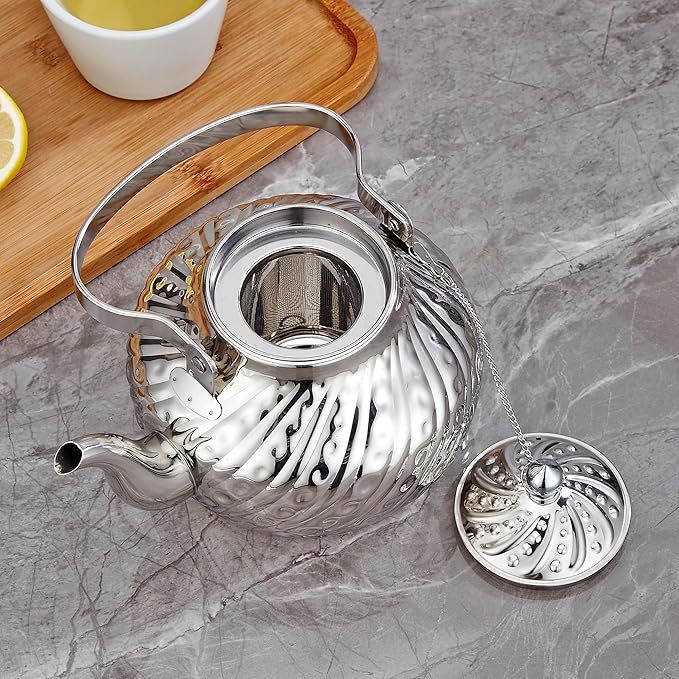 SANQIAHOME 2000ml stainless steel antique style teapot,with Infuser, thickened boiling kettle, lifting handle,Silver - Bloomnest