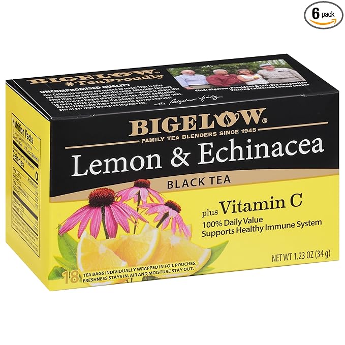 Bigelow Tea Lemon & Echinacea Plus Vitamin C Black Tea, Caffeinated Tea with Lemon and Echinacea, 18 Count Box (Pack of 6), 108 Total Tea Bags - Bloomnest