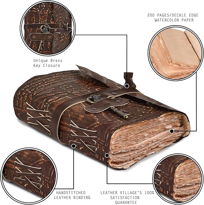 LEATHER VILLAGE Genuine Leather Handmade Journal for Men & Women – Vitruvian Man Embossed Cover – Key Closure – Book of Shadow – Vintage Deckle Edge Paper for Writing, Drawing – 7x5 Inches – Brown - Bloomnest