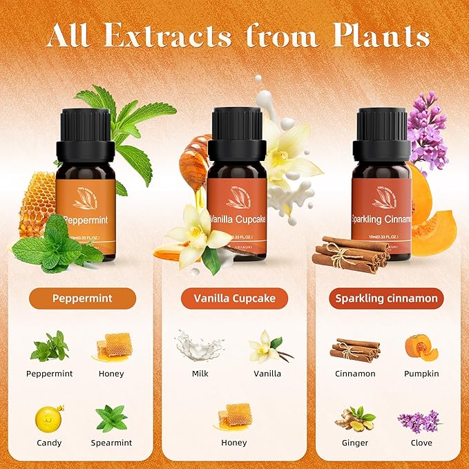 ASAKUKI Essential Oils for Diffusers for Home, Fragrance Oil for Candle Making, Peppermint, Vanilla Cupcake, Sparkling Cinnamon, Spiced Pumpkin, Christmas Wreath and Apple Cinnamon 6 x 10 ml - Bloomnest