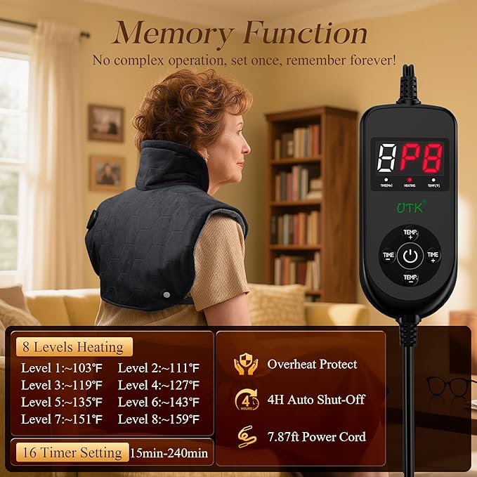 UTK 30s Fast Heating Pad for Neck and Shoulders and Back, 6X Deeper Penetrate, Far Infrared Heated Wrap for Neck and Shoulders Pain Relief, Auto Shut Off, Memory Function, Gifts for Birthday 24"X20" - Bloomnest