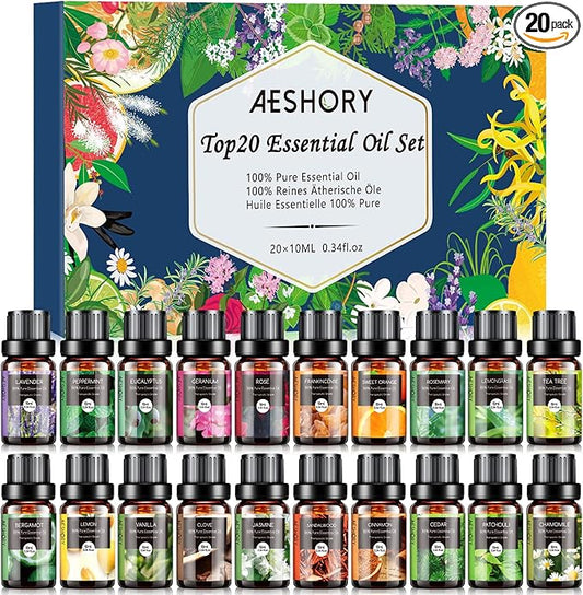 Natural Essential Oils Gift Set, 20 x 10ML Essential Oil for Diffuser, Humidifiers, Skin Care, Massage, Fragrance Oil for Candle & Soap Making, Lavender, Eucalyptus, Tea Tree More Aromatherapy Oil - Bloomnest