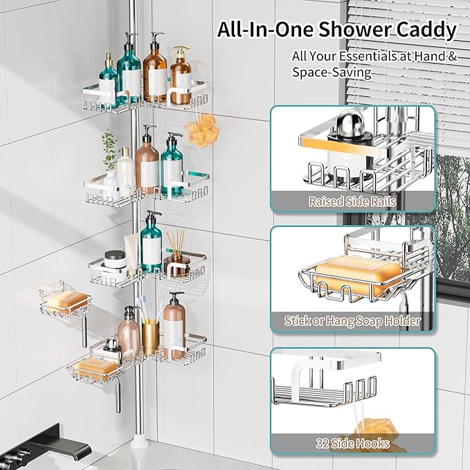 KEGII Shower Caddy Tension Pole – Corner Rustproof Bathroom Organizer with Soap Holder & Hooks, No-Drill Adjustable Shower Shelf for Renters for Families & Renters, 25-114.2 Inch, Silver - Bloomnest