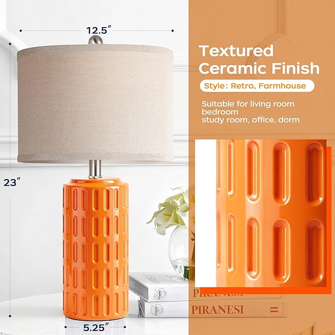 PARTPHONER 23" Farmhouse Modern Ceramic Table Lamp Set of 2 - Orange Bedside Lamps for Bedroom & Living Room, Nightstand, Desk, End Table - Bloomnest