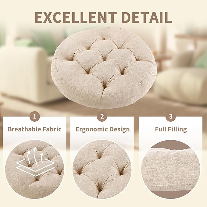 Meditation Floor Pillow, 2 Pack Round Floor Cushions for Adults, Button Tufted Seat Cushions for Yoga Tatami Living Room, Beige, 22 x 22 x 4 in