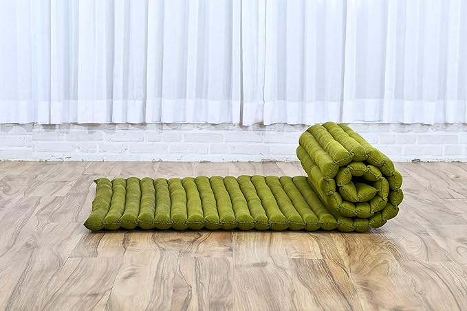 Leewadee - Foldable Floor Mattress - Japanese Roll Up Futon -Trifold Tatami Mat- Guest Floor Bed - Camping Mattress - Thai Massage Mat, Kapok Filled, 75 x 28 inches, Green - Bloomnest